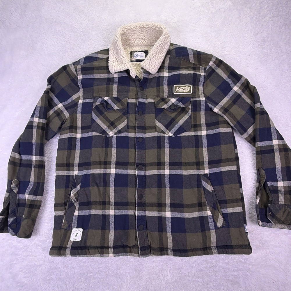 Hurley Shirt Jacket Mens M/L, Green Plaid Sherpa Lined Shacket Snap Front